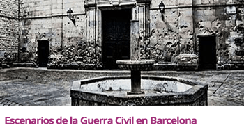 Plaza con agujeros en las paredes de piedra, marcas de los disparos durante la Guerra civil en Barcelona.